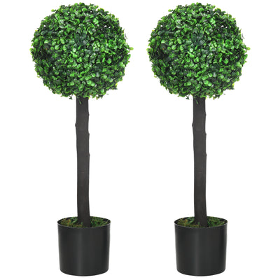 HOMCOM Set of 2 Artificial Plants Boxwood Ball Trees in Pot Fake Plants for Home Indoor Outdoor Decor, 20x20x60cm, Green 