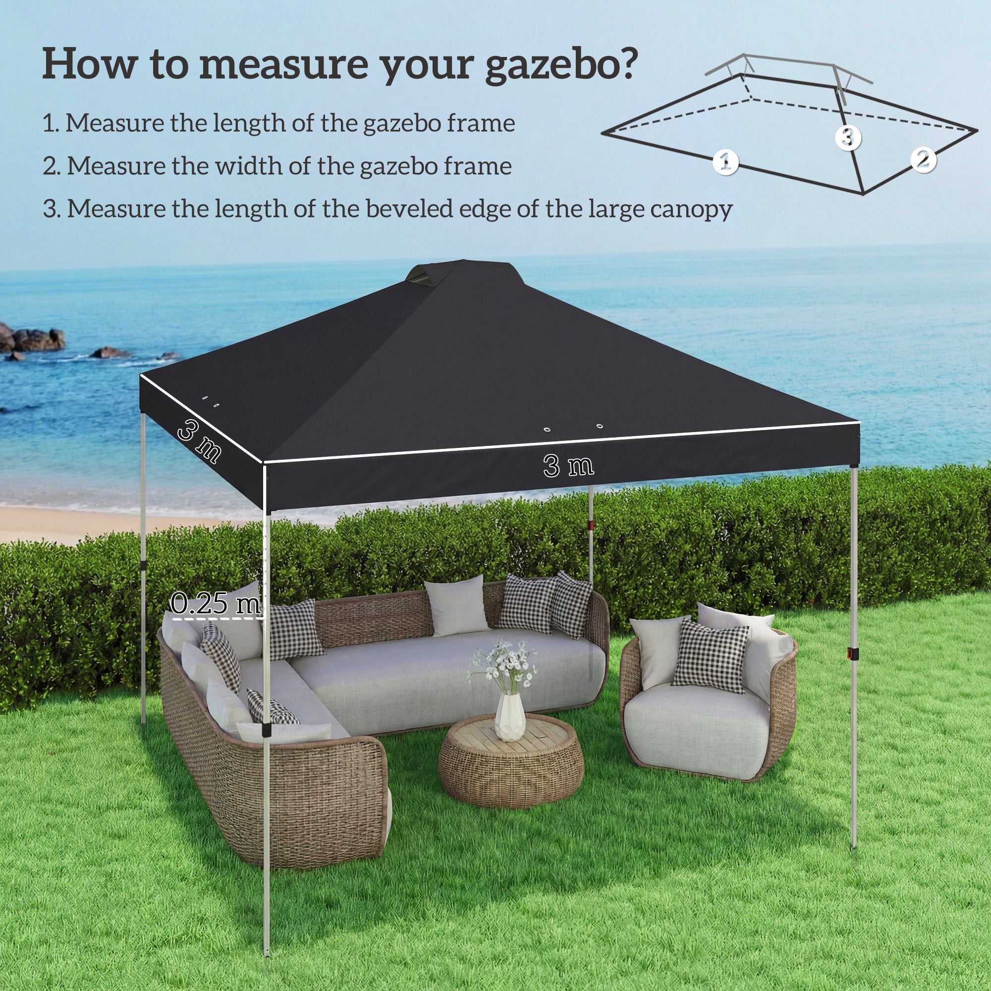 Outsunny gazebo roof replacement UV50+ Waterproof Pop Up Canopy Cover with 8 Drainage Holes 3 x 3 m Black 