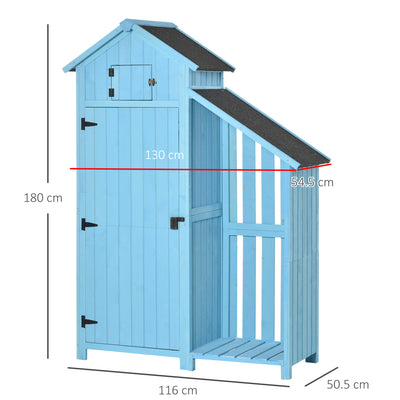 Outsunny Wooden Shed, Garden Storage Cabinet with Log Store, Waterproof Asphalt Roof and Lockable Door, Narrow Tool Organizer, 130 x 55 x 180 cm 