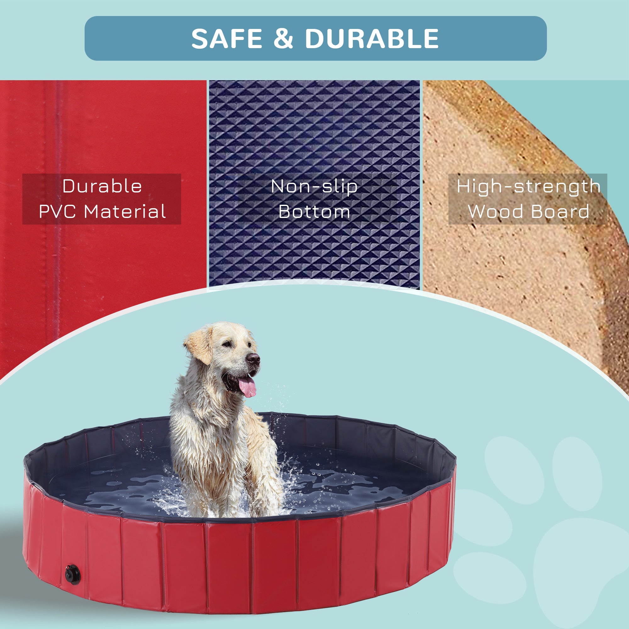 PawHut Foldable Dog Paddling Pool Pet Cat Swimming Pool Indoor/Outdoor Collapsible Summer Bathing Tub Shower Tub Puppy Washer (Φ160 × 30H cm, Red) 