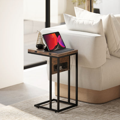 HOMCOM C Shaped Side Table with Charging Station and Foldable Top - Rustic Brown 
