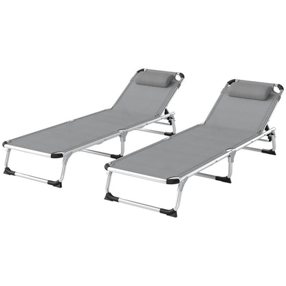Outsunny Foldable Outdoor Sun Lounger Set of 2, Reclining Lounge Chair Camping Bed Cot with Pillow 4-Level Adjustable Back Aluminium Frame, Light Grey