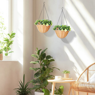 HOMCOM Pack of 2 Faux Plant Artificial Lisianthus Flowers, Hanging Planters with Basket, PE Leaves, 18 Flowers and 3 Pinecones, Decorative Faux Plants for Home Office Decor, Green 