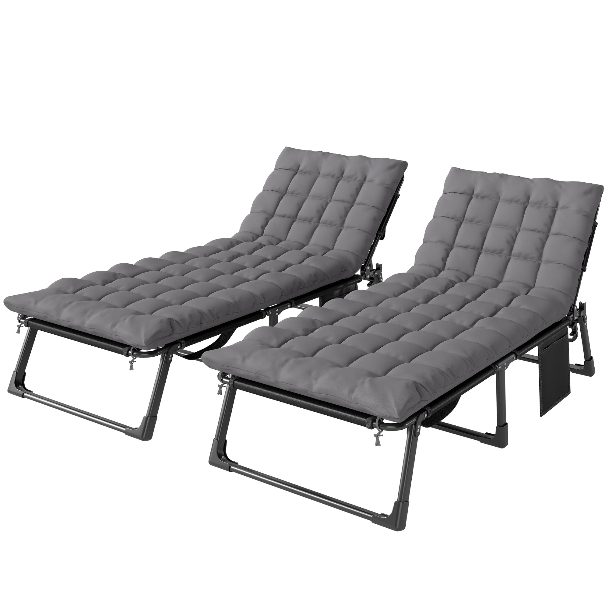 Outsunny Folding Sun Loungers for Garden Set of 2, 5-Position Oversized Camping Bed Recliner with Cushions, Dark Grey 