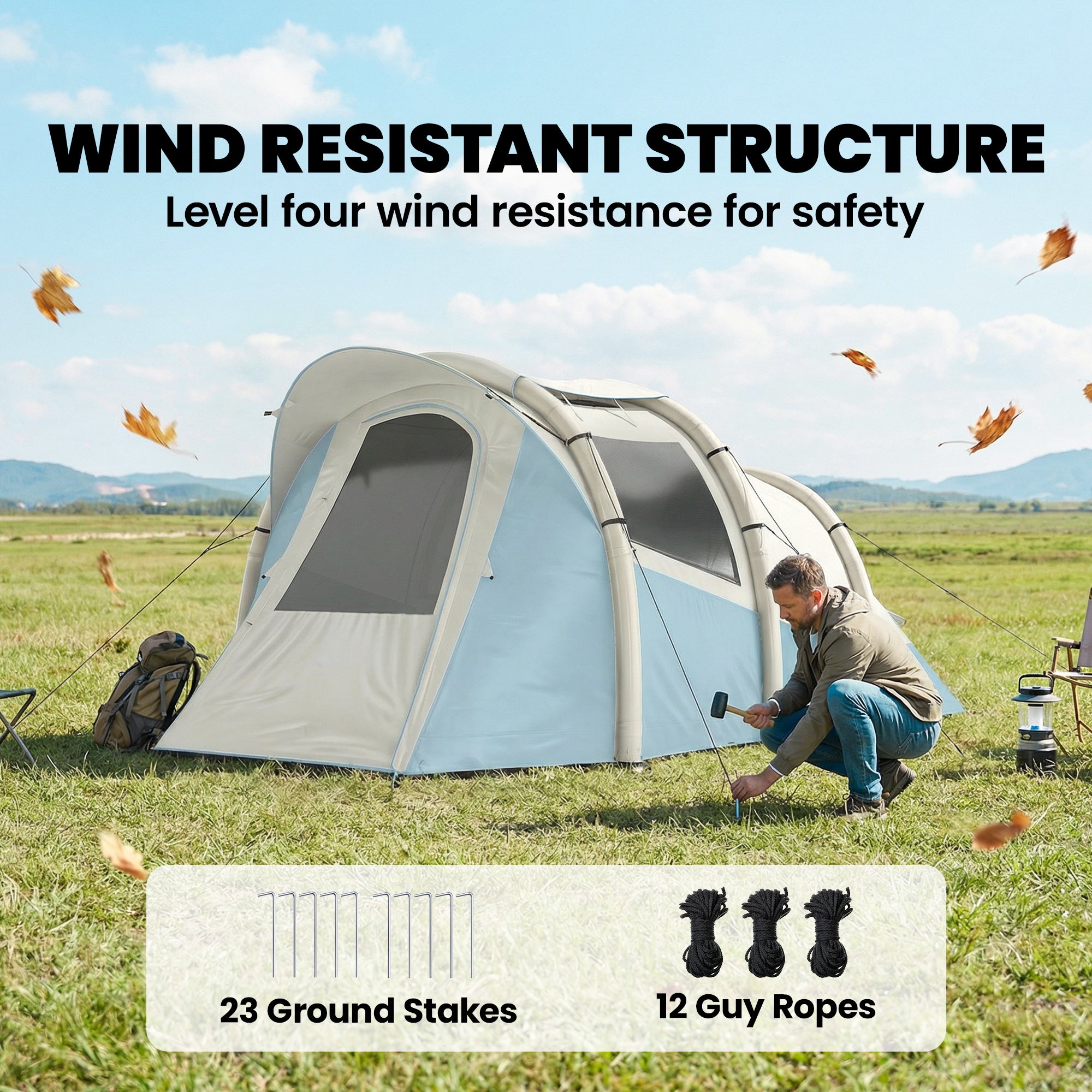 Outsunny Inflatable Camping Tent w/ Air Pump, Easy Setup 2-3 Person Blow Up Tent, Light Blue 