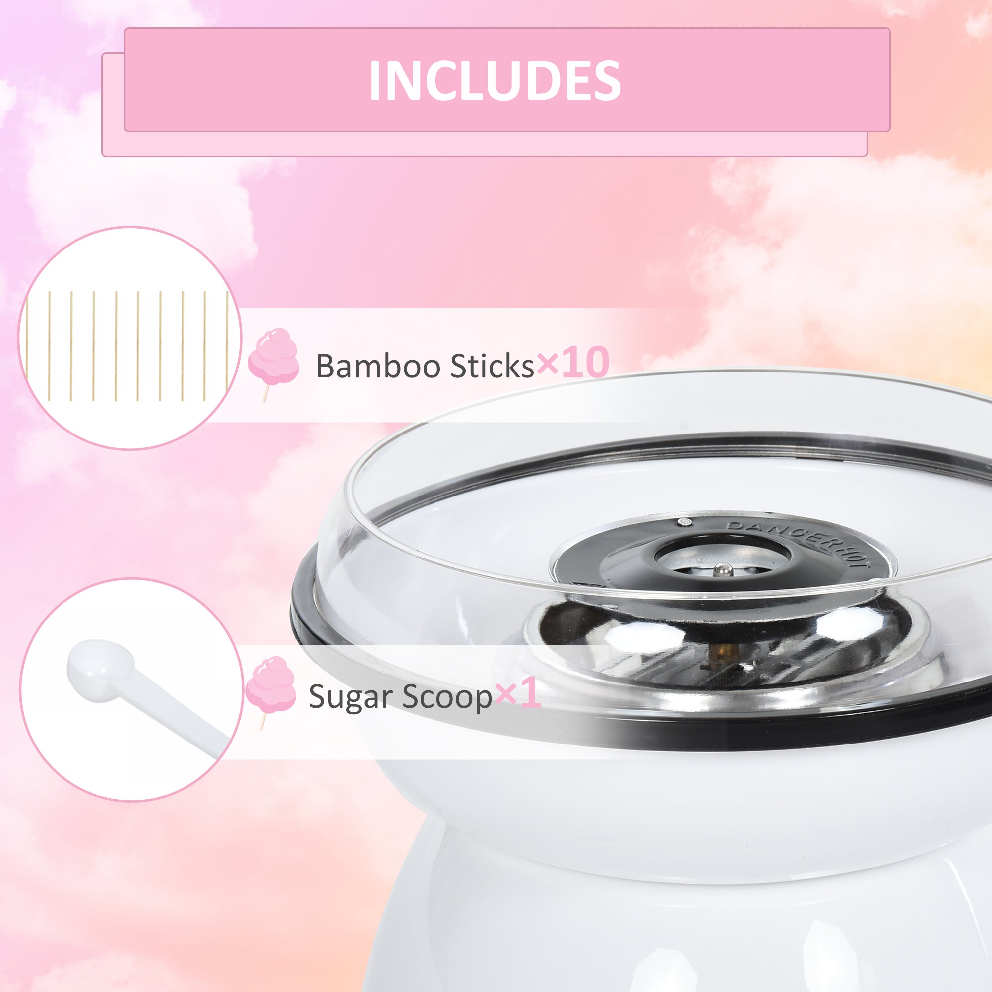 HOMCOM 450W Electric Candyfloss Machine Kit Non-Stick Plates Fairground Fun Children Adult Party Gift Home Sweet Metal Body w/ Accessories White 