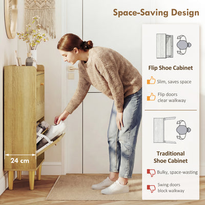 HOMCOM Narrow Shoe Cabinet, Modern Shoe Storage Cabinet with 2 Flip Drawers, Oak 