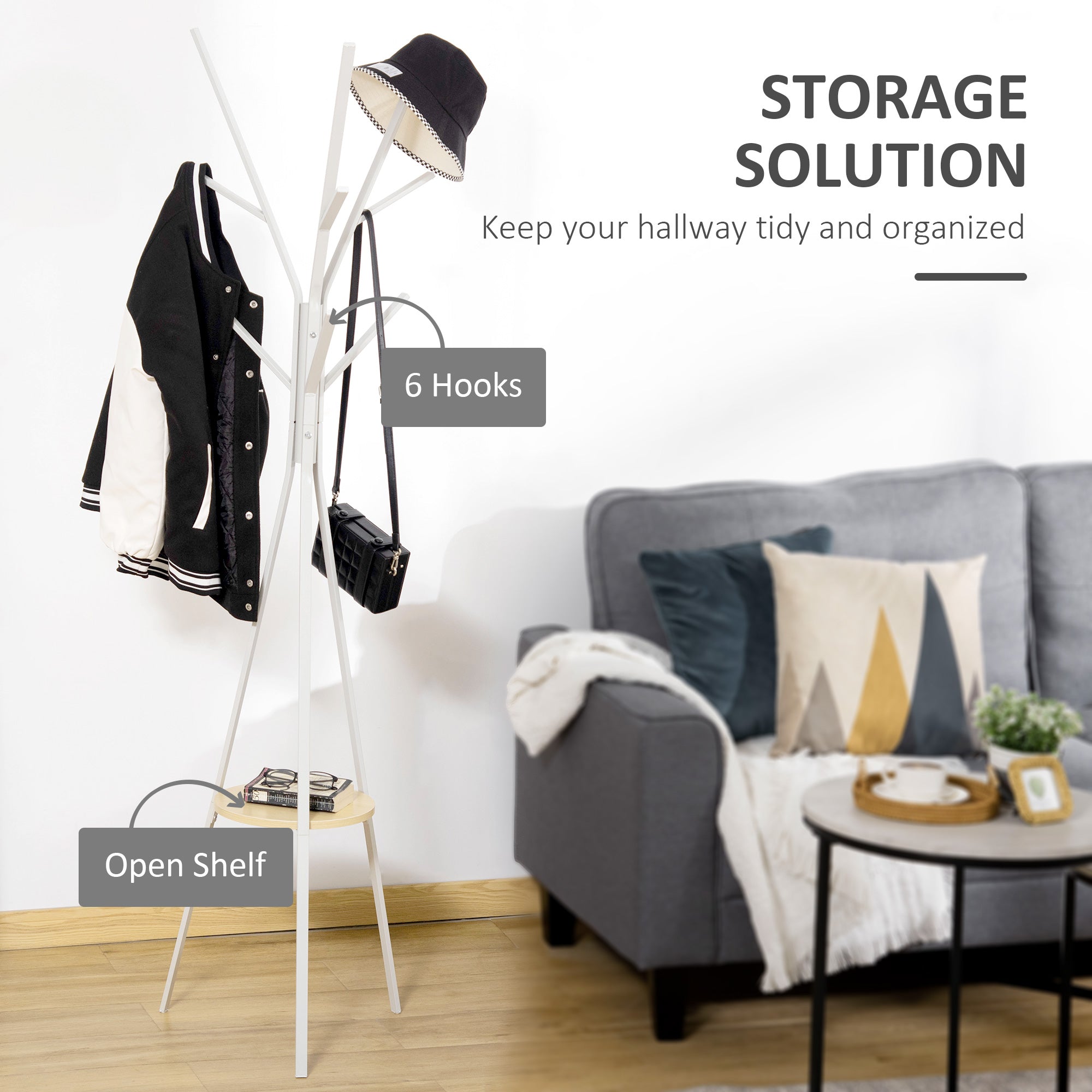 HOMCOM Freestanding Metal Coat Rack Stand 9 Hooks Clothes Tree with 1 Shelf Hat Display Hall Tree Hanger Bag Umbrella Hanging Organiser White 