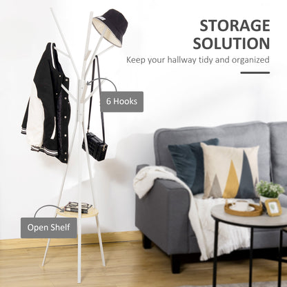 HOMCOM Freestanding Metal Coat Rack Stand 9 Hooks Clothes Tree with 1 Shelf Hat Display Hall Tree Hanger Bag Umbrella Hanging Organiser White 