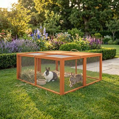 PawHut Wooden Folding Rabbit Hutch, for 2-3 Rabbits - Orange 