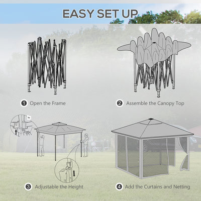 Outsunny 3 x 3(m) Pop Up Gazebo Party Tent with Solar-Powered LED Lights, Adjustable Event Shelter with Netting, Khaki 