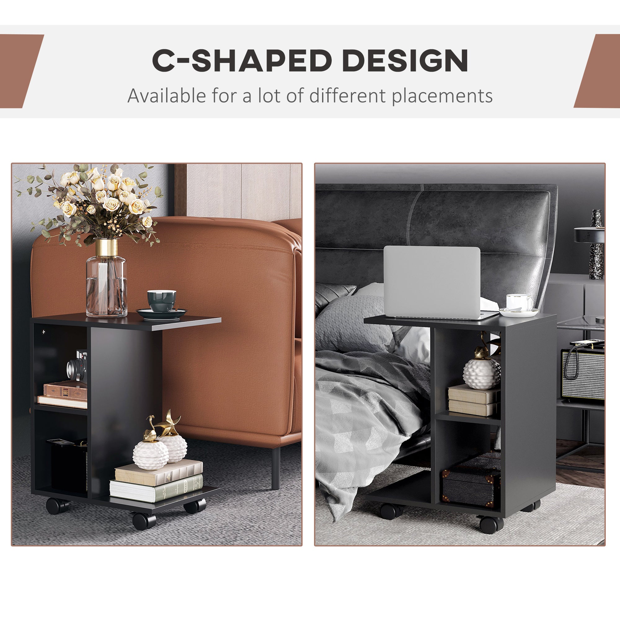 HOMCOM C-Shape End Table Unique Storage Unit w/ 2 Shelves 4 Wheels Freestanding Home Furniture Cabinet Square Black 
