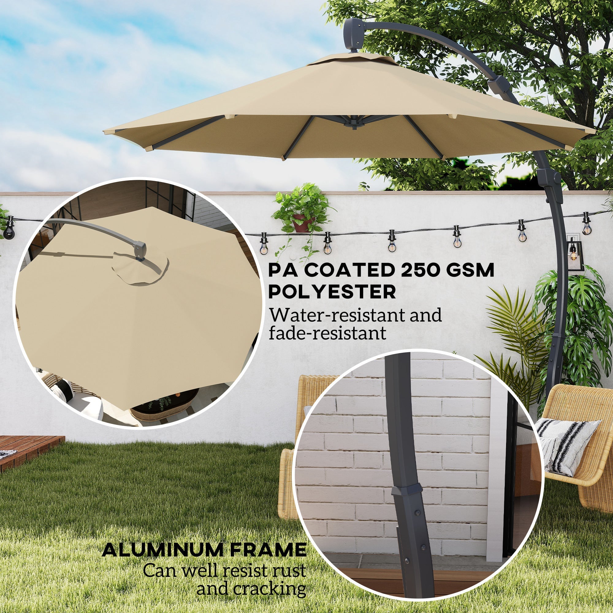 Outsunny 3(m) Garden Cantilever Parasol, Round Overhanging Umbrella with Crank Handle, Cross Base, Aluminium Frame and 360° Rotation, Banana Patio Umbrella for Outdoor Sun Shade, Khaki 