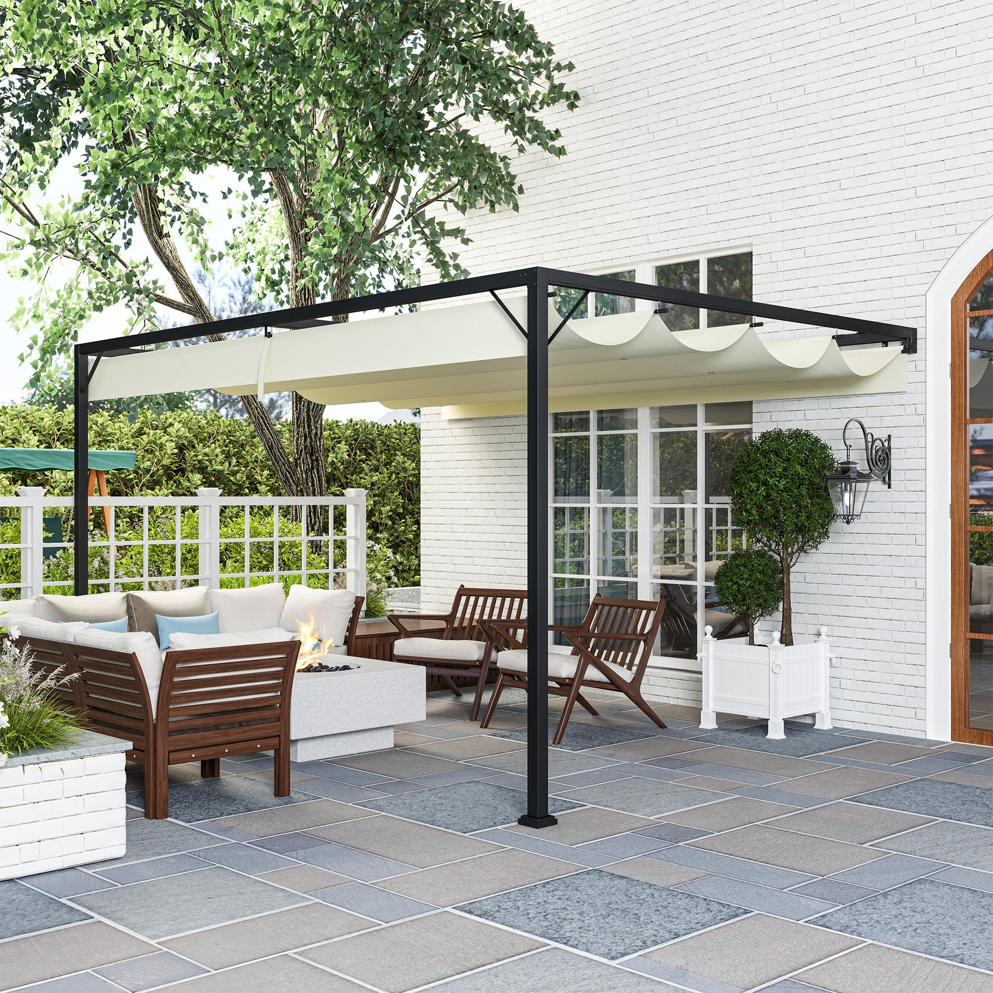 Outsunny 4 x 3(m) Outdoor Pergola Retractable Canopy Wall Mounted Gazebo Patio Shelter Sun Shade, Cream White 
