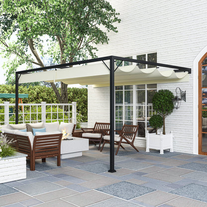 Outsunny 4 x 3(m) Outdoor Pergola Retractable Canopy Wall Mounted Gazebo Patio Shelter Sun Shade, Cream White 
