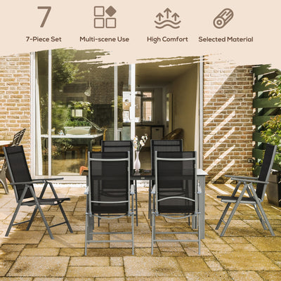 Outsunny 7 Piece Garden Dining Set, Outdoor Table and 6  Folding and Reclining Chairs, Aluminium Frame, Tempered Glass Top Table, Texteline Seats, Black 