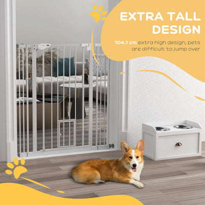 PawHut Extra Tall Pet Gate, Indoor Dog Safety Gate, with Cat Flap, Auto Close, 74-101cm Wide - White 