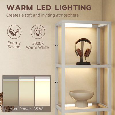 HOMCOM LED Floor Lamp with Glass Shelves, 4 Layers Dimmable Tall Standing Lamp, Modern Column Shelf Floor Light for Living Room, Bedroom, Office, Grey 