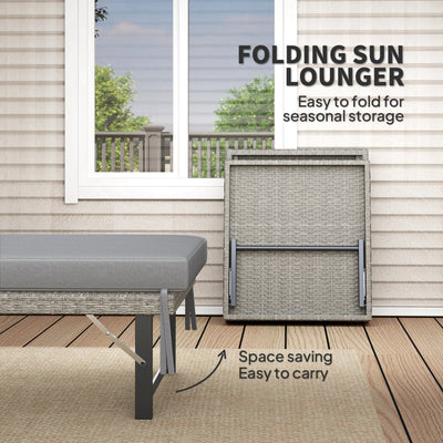 Outsunny Single Folding Rattan Sun Lounger, with Cushion - Grey 