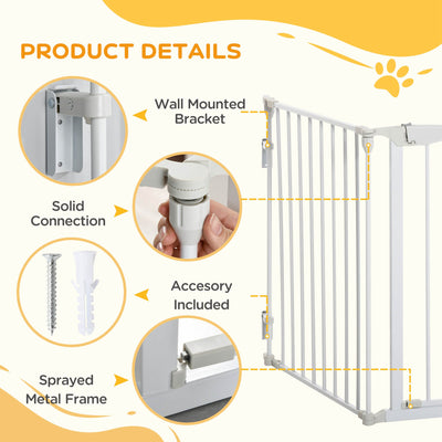 PawHut Pet Safety Gate, 3 Panels Playpen Fireplace, Metal Fence, Stair Barrier, Room Divider w/ Walk-Through Door - White 