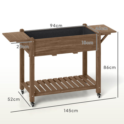 Outsunny Raised Garden Bed, Wooden Elevated Planter Box with Lockable Wheels, Side Tables and Bottom Shelf, Outdoor Planter with Liner and Drainage Holes for Vegetables, Flowers, Fruits, Carbonised 