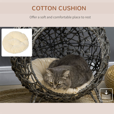 PawHut Rattan Elevated Cat Bed House Kitten Basket Ball Shaped Pet Furniture w/ Removable Cushion - Silver-Tone and Grey 
