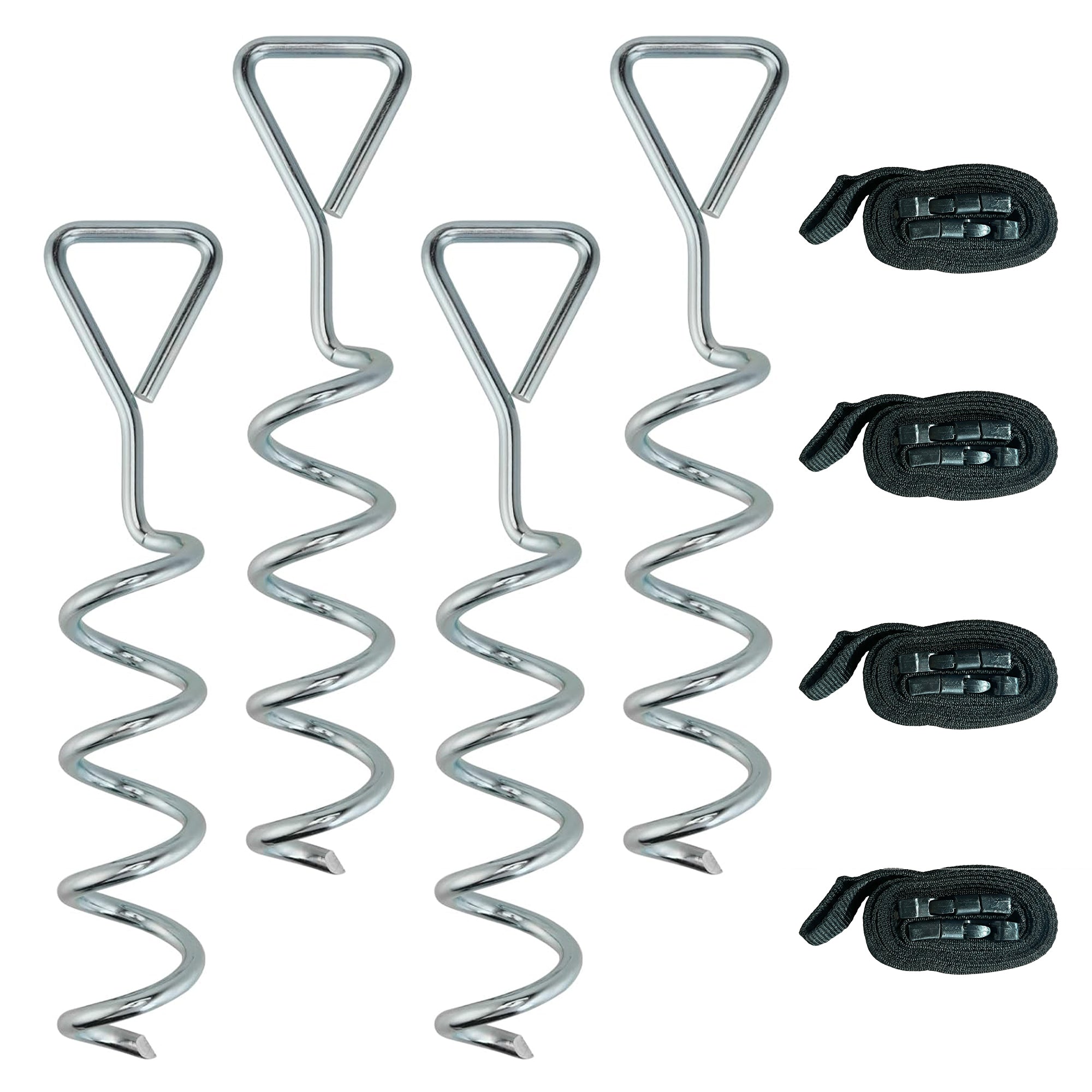 SPORTNOW 4Pcs Trampoline Anchor Kit, 32 cm Galvanised Trampoline Stakes, Spiral Ground Anchors with Triangle Head, Straps 