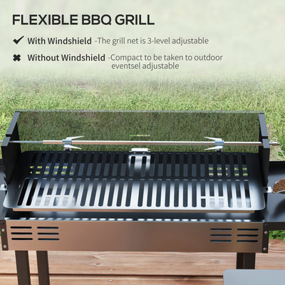 Outsunny BBQ Rotisserie Grill Roaster Charcoal Spit Roasting Machine for Chicken Turkey with 3-Level Grill Grate, Side Shelves 