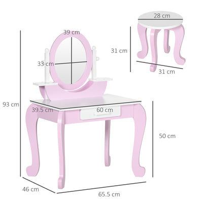 ZONEKIZ Kids Dressing Table Set, with Mirror, Stool, for Ages 3-6 Years - Pink 