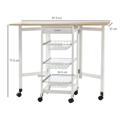 HOMCOM Drop-Leaf Kitchen Cart Trolley w/ 3 Baskets Drawer Surface Top 6 Universal Wheels Rolling Storage Unit Kitchen Home Dining Island White Oak Tone 