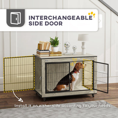 PawHut Dog Crate Furniture with Wheels, Double Doors, for Medium Dogs, 80 x 56 x 62.5cm, Grey 