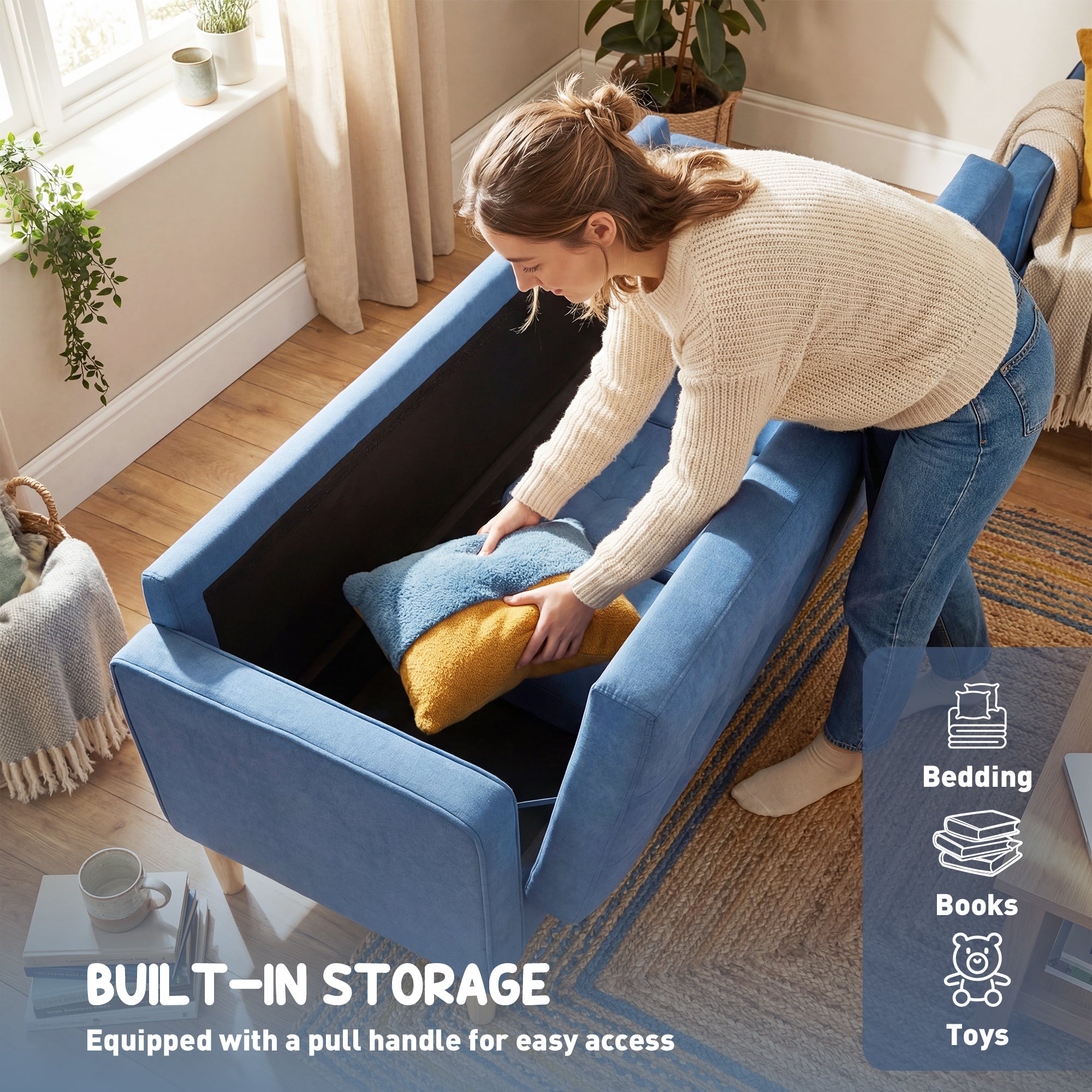 HOMCOM 3 Seater Sofa, 169cm Couch with Hidden Storage, Wood Legs, Blue 