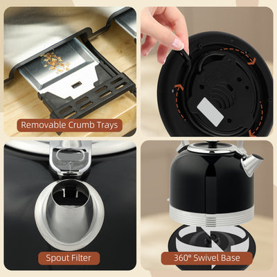 HOMCOM Polished Metal Kettle and Toaster Set - Black 