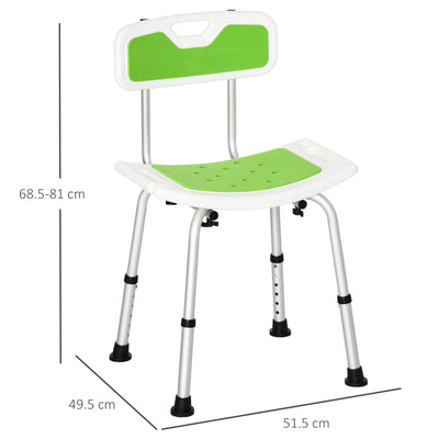 HOMCOM Shower Stool with Backrest, Height Adjustable Shower Chair with Anti-slip Foot Pads, Shower Head Holder, Green 
