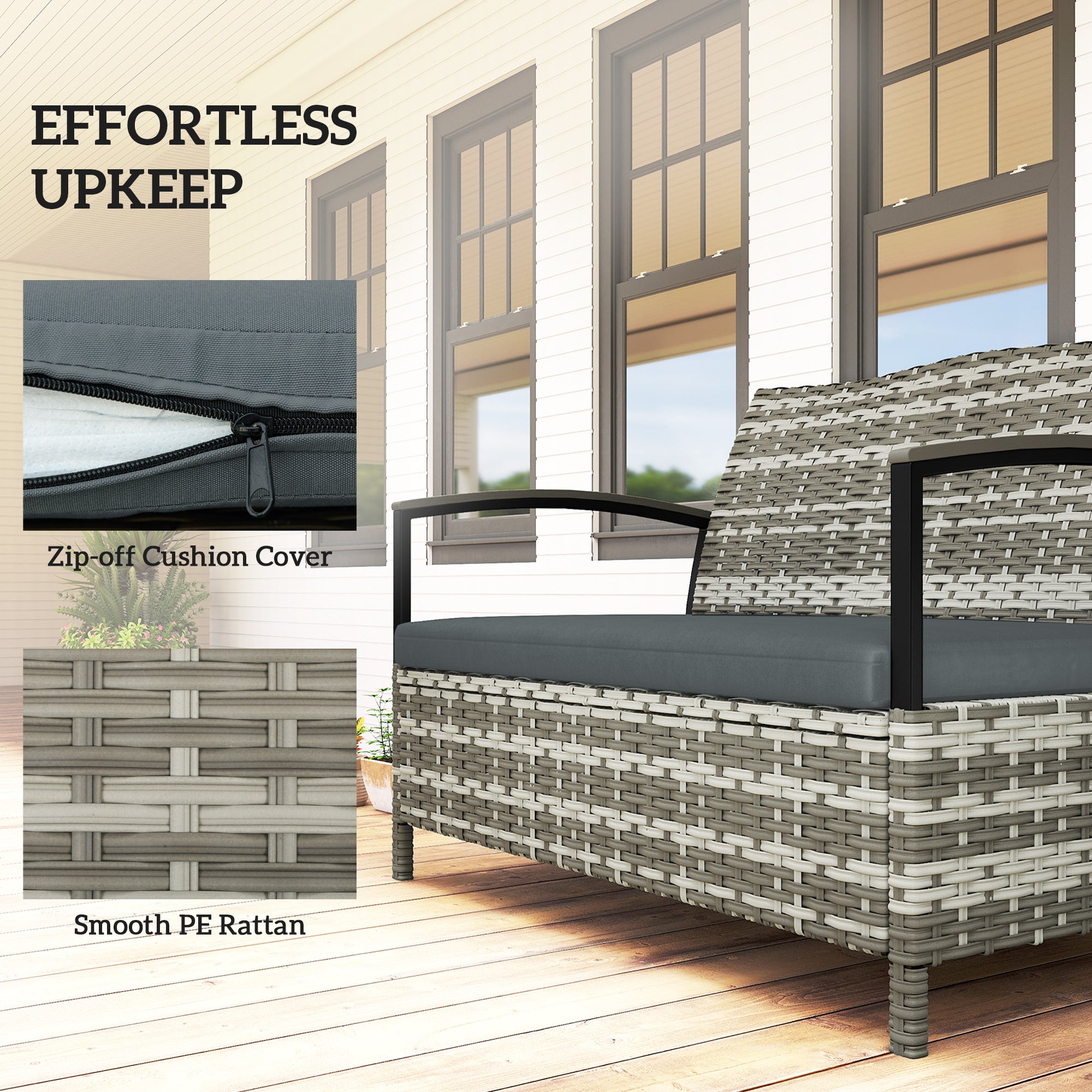 Outsunny 125L Garden Storage Bench, 2 Seater PE Rattan Outdoor Bench Storage Box with Padded Cushion, Dark Grey 