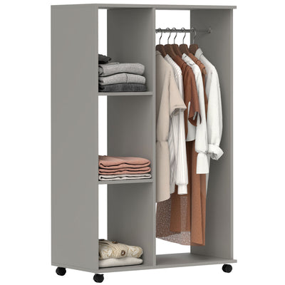 HOMCOM Open Wardrobe on Wheels with Clothes Rail, Bedroom Clothes Storage with Hanging Rod, 3 Storage Shelves, Mobile Garment Rack for Cloakroom, Hallway, Grey 