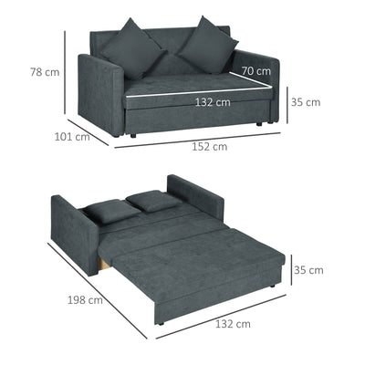 HOMCOM 2 Seater Sofa Bed, Convertible Bed Settee, Modern Fabric Loveseat Sofa Couch with 2 Cushions, Hidden Storage for Living Room, Guest Room, Dark Grey 