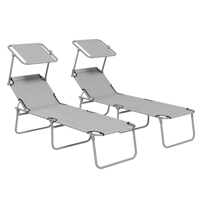 Outsunny Outdoor Foldable Sun Lounger Set of 2, 4 Level Adjustable Backrest Reclining Sun Lounger Chair with Angle Adjust Sun Shade Awning for Beach, Garden, Patio, Light Grey 