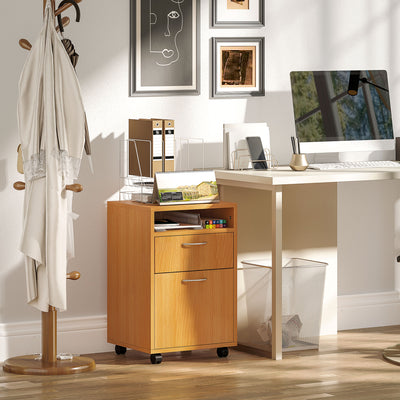 HOMCOM 60cm Filing Cabinet with Drawer, Open Shelf, Metal Handles and 4 Wheels, Office Home Organiser Mobile Printer, Natural Wood Finish 