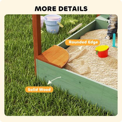 AIYAPLAY Wood Sandpit with Canopy, Storage Bins, Funnel, Liner, Chutes, Bucket with Tap, 116 x 112.5 x 128 cm, Green 