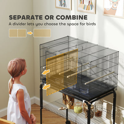 PawHut Bird Cage with Divider, 4 Wooden Perches, Slide Out Tray, 4 Feeders, for Budgie, Lovebird, Canary, 76 x 46 x 116cm Black 
