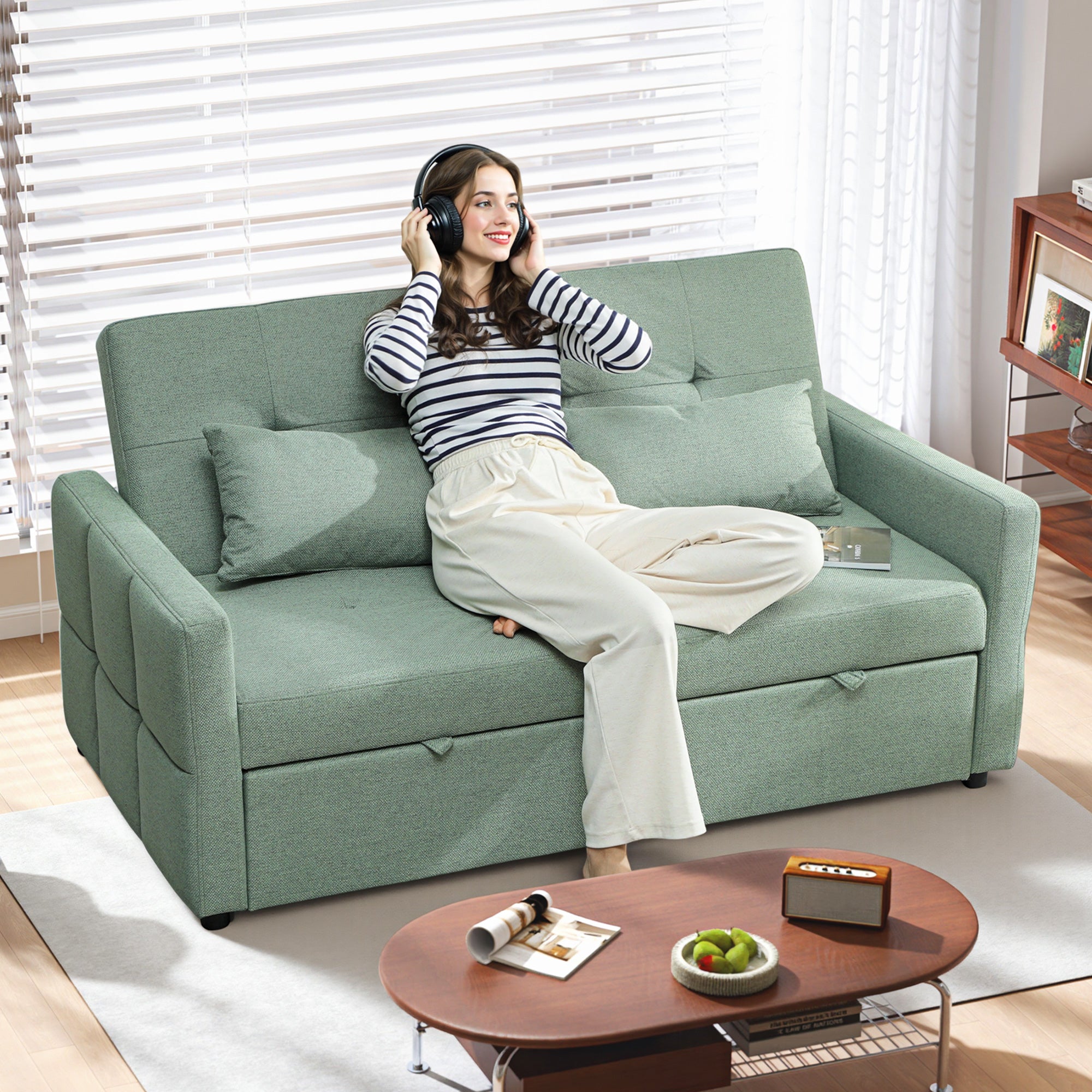 HOMCOM Three-Way 2 Seater Sofa Bed with Three-position back and Two Soft Pillows - Green 