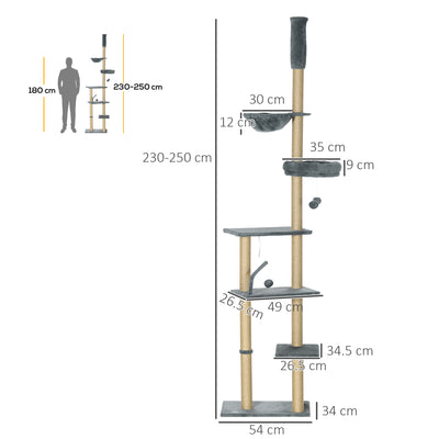 PawHut Floor to Ceiling Cat Tree for Indoor Cats, 6-Tier Play Tower Climbing Activity Center with Scratching Post, Platforms, Bed, Hammock, Adjustable Height 230-250cm, Grey 
