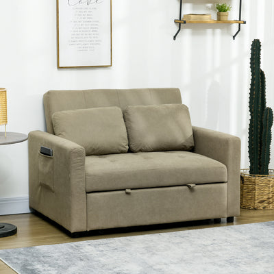 HOMCOM Loveseat Sofa Bed, Convertible Bed Settee with 2 Cushions, Side Pockets for Living Room, Light Brown 