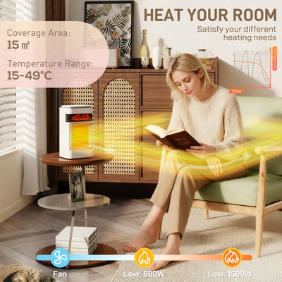 HOMCOM Ceramic Electric Heater, 1500W Fan Space Heater with 3 Modes, 24H Timer, Flame Effect, Oscillation for Bedroom, White 