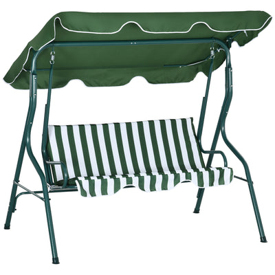 Outsunny 3 Seater Garden Swing Seat Chair Outdoor Bench with Adjustable Canopy and Metal Frame, Green Stripes 