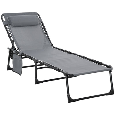 Outsunny Portable Sun Lounger, Folding Camping Bed Cot, Reclining Lounge Chair 5-position Adjustable Backrest with Side Pocket, Pillow for Patio Garden Beach Pool, Grey 