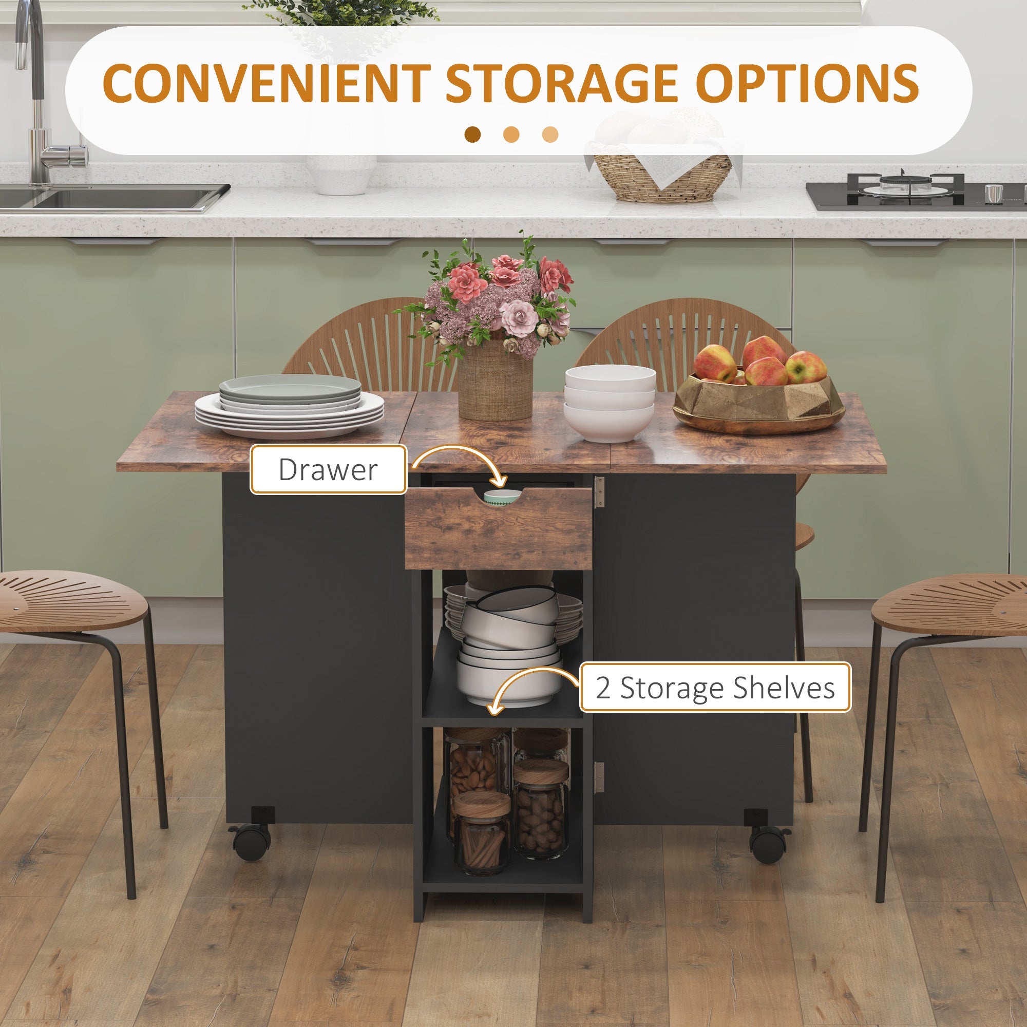 HOMCOM Folding Dining Table, Drop Leaf Table for Small Spaces, Foldable Table with Drawer and Storage Shelves for Kitchen, Dining Room, Rustic Brown 