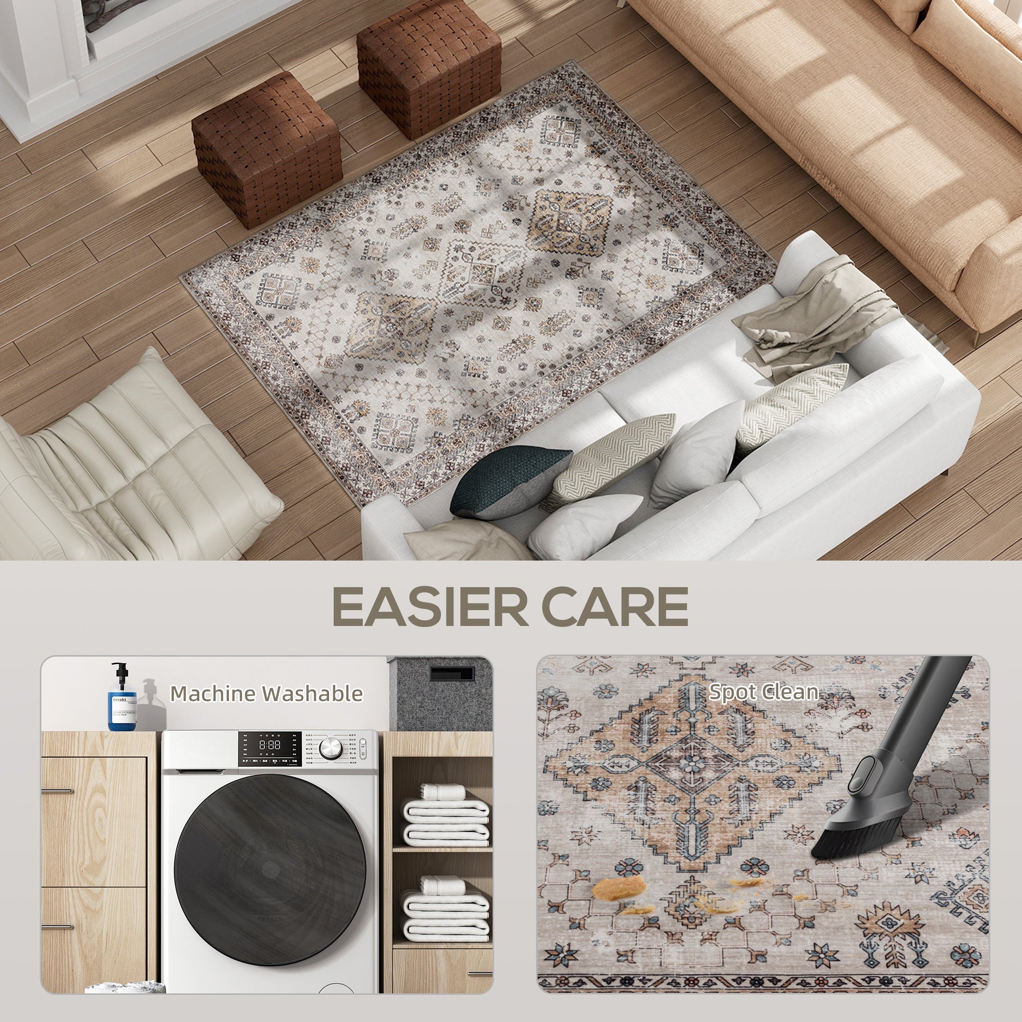 HOMCOM Vintage Area Rug, Non-Slip Washable Rug, Flannel Floor Carpet for Living Room, Bedroom, Dining Room, Home Office, 170 x 120 cm, Beige