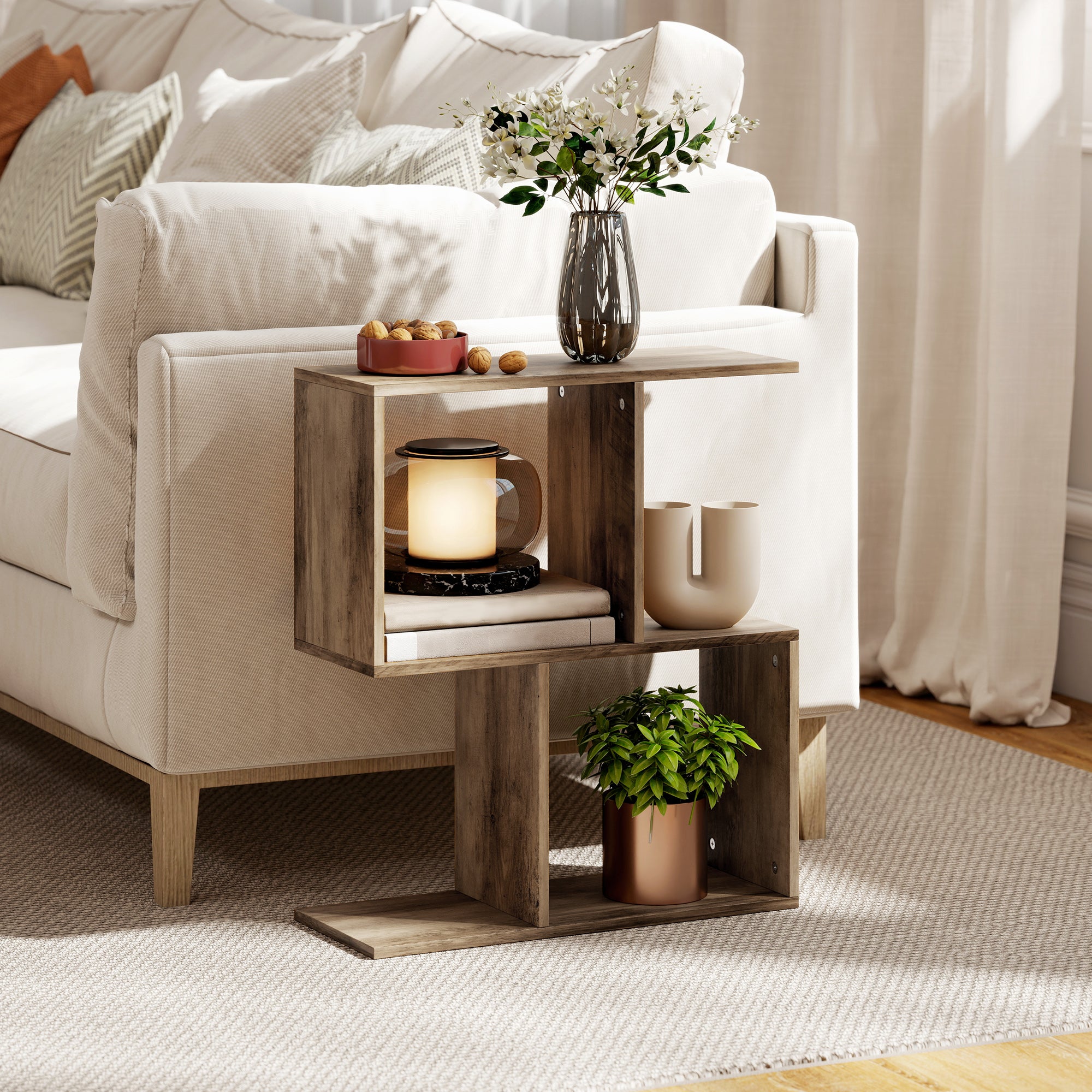 HOMCOM Side Table, Narrow End Table with Storage Shelves, S-Shaped, 3-Tier, 50W x 19.5D x 58H cm, Oak 